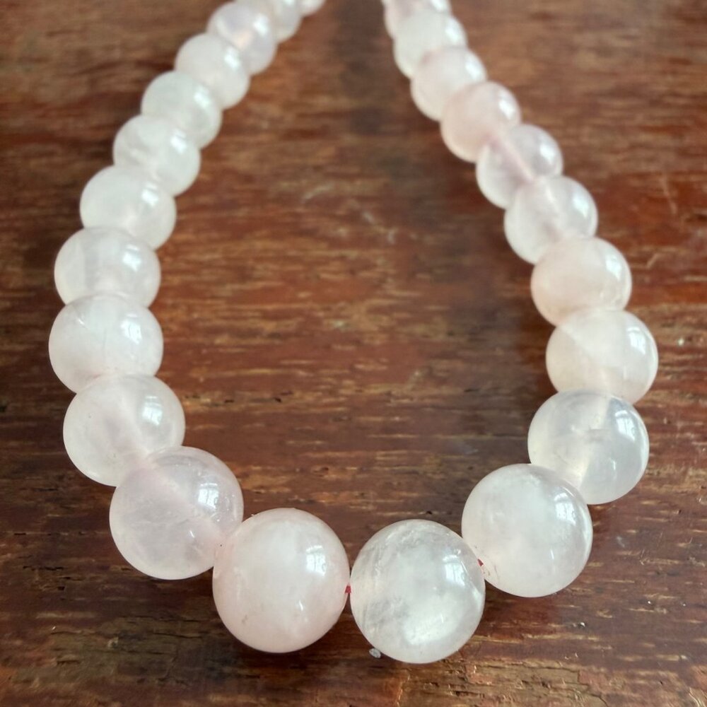 Vintage Natural Pink Rose Quartz Single Strand Beaded Necklace w/ 925 Clasp 18"